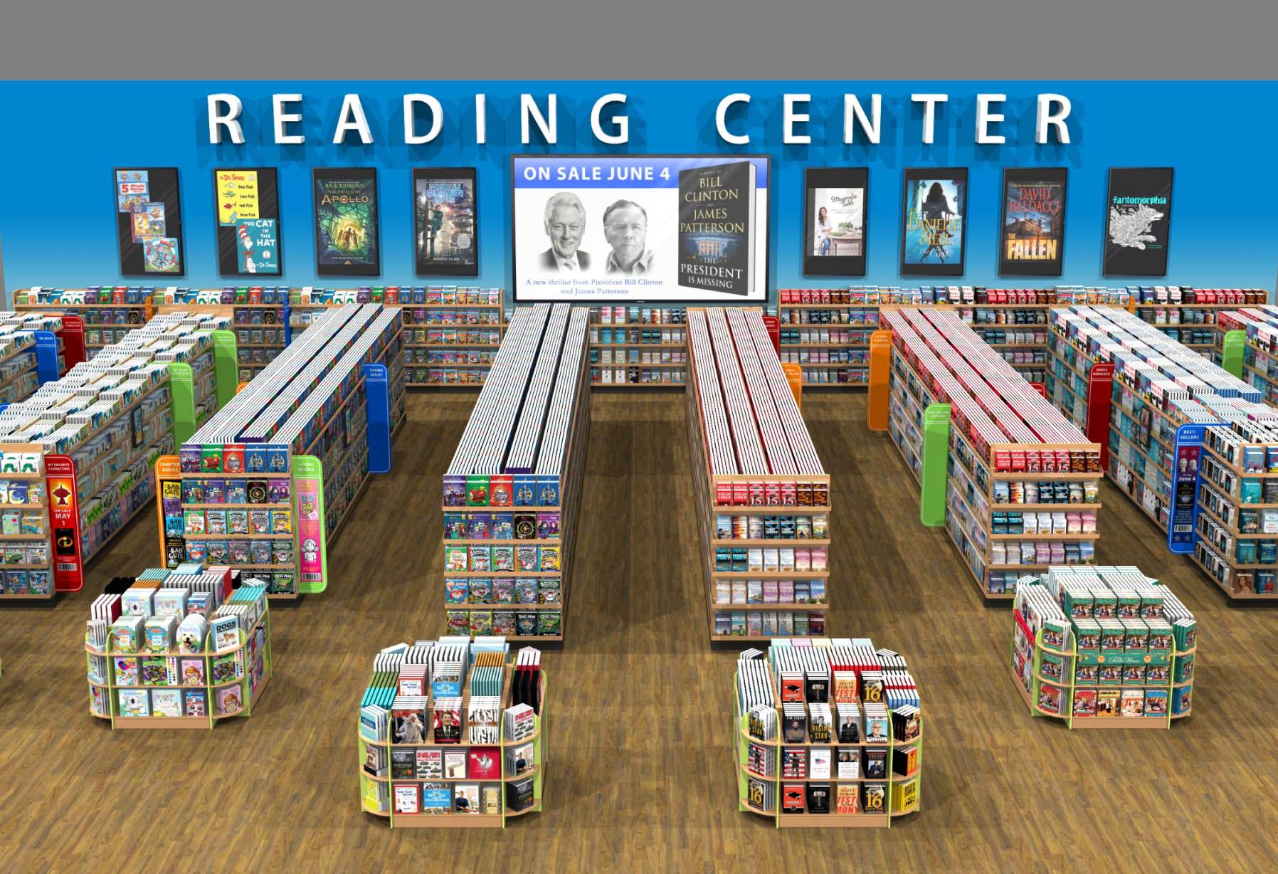 Rending of a Reading Center in the middle of a retail store endcaps and displays featuring ReaderLink books
